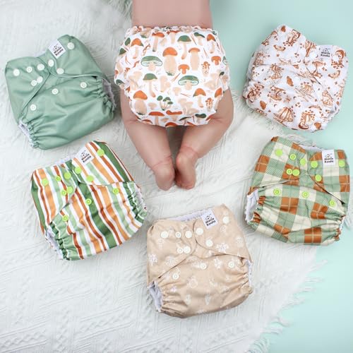 Mama Koala 3.0 Pocket Cloth Diapers for Babies with AWJ Lining, 6 Pack with 6 5-Layer Natural Cloth Diaper Inserts - Reusable and Washable Pocket Diapers(A-Mushrooms)