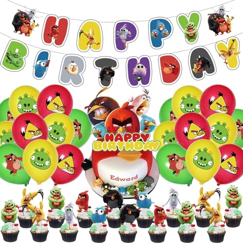 HESHS 50 Pcs An-gry Bird Party Decorations, Cartoon Bird Party supplies, Including Birthday Banner, Cake ＆Cupcake Toppers, Balloons, Suitable for Boys Girls Children Theme Birthday Party Decorations