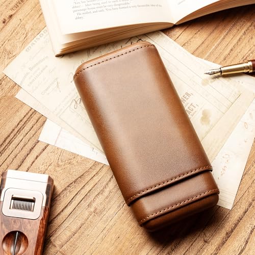 Woodronic Cigar Case, Premium Brown Genuine Leather Cigar Travel Case with Spanish Cedar Wood Lined, Portable Cigar Humidor, Cigar Accessories Gift for Men (Holds 3 Cigars)