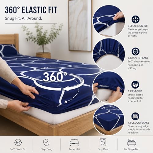 Image of Blue Strip Polycotton Fitted Bedsheet, Single 42x75 (Blue Circle) | 300 TC | All-Round Elastic Grip | Soft, Breathable & Colourfast | Wrinkle Resistant | Machine Washable