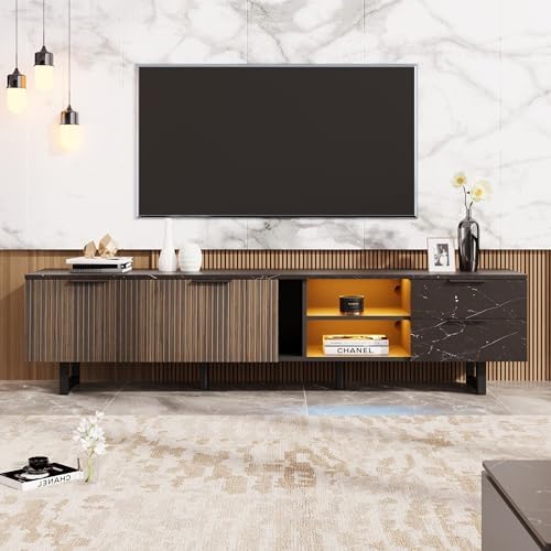 Meuble TV 200 X 38 X 50 Cm, Portes En Bois Foncé Veiné, Éclairage Led Réglable, 2 Portes Et 2 Tiroirs, Adapté Aux Aspirateurs Robots, Mobilier De Salon Peut Accueillir Des Téléviseurs Jusqu'à 70 Pouce