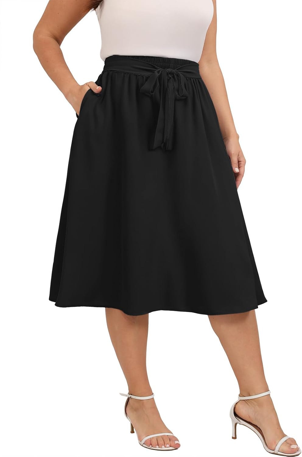 Xpenyo Womens Plus Size Midi Skirts Summer Elastic High Waisted Boho Casual Beach Flowy Swing Knee Length Skirts with Pockets - Image 4