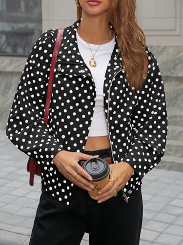 Image of Tankaneo Womens Polka Dot Zip Up Cropped Jackets | Lightweight, Lapel Collar, Casual Trendy, Fall Spring Outfits, Streetwear