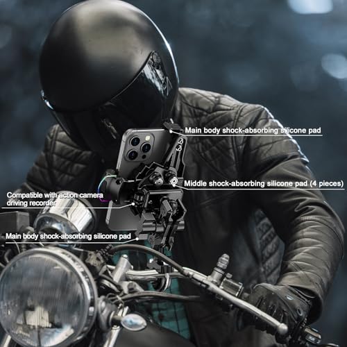 Image of Motorcycle Phone Mount Holder,Bicycle Phone Mount,Metal Extension Arm-Dual Vibration Dampener,Suitable for Handlebar and Rearview Mirror Installation,Clamp for 4.7-7.2 inch Smartphone