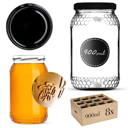 KADAX Lot de 8 bocaux à miel de 1260 g (900 ml) avec couvercle de 82 mm de diamètre - Pour aliments, miel, confiture, fruits, provision, miel d'apiculteur (noir, 8 pièces)