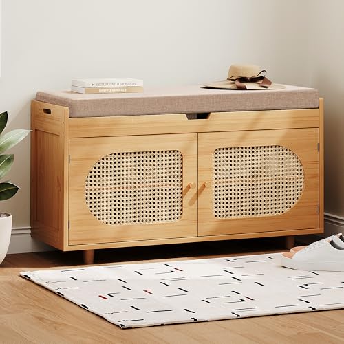 PETKABOO Rattan Shoe Storage Bench,Bamboo Entryway Bench, 2-Tier Shoe Rack,35.4' W x 12.6' D x 19.7' H with 2 Doors & Padded Seat Cushion for Entryway, Living Room, Bedroom, Natural
