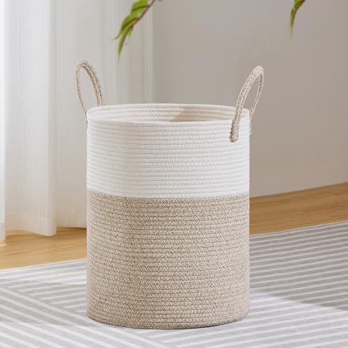 MYHOMMATTO Wäschekorb,Aufbewahrungskorb,Geflochten Korb,53L Klein Rund Wäschesammler mit Baumwoll Henkel für Kinderzimmer,Korb für Decken und...