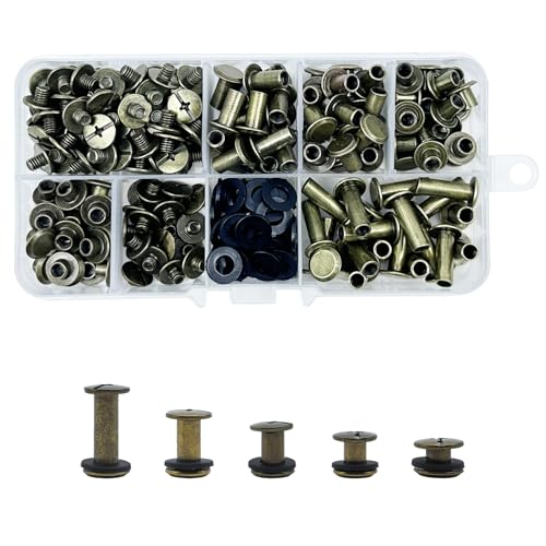 KUKUJIWA 100 Set Vite di Rilegatura Rivetti, Rivetti a Vite,M5*4/6/8/10/15 mm Rilegatura Chicago ottone,Viti Testa Tonda Croce Chicago per Rilegatura kit di cintura pelle, chiodi, portafoglio (Bronzo)