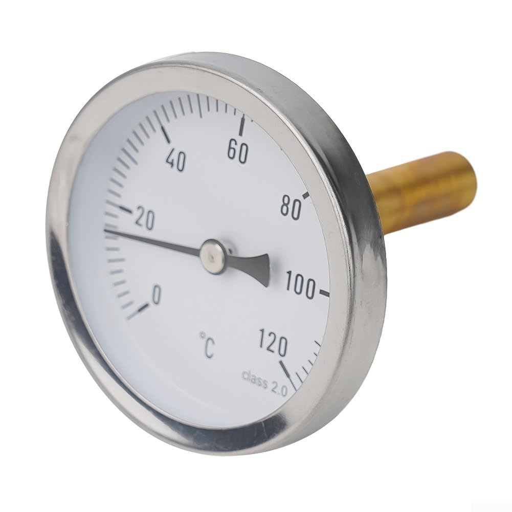 Termometro bimetallico da 63 mm con quadrante da 0 a 120 gradi Celsius e manicotto ad immersione, in acciaio inossidabile e ottone, progettato per il controllo della temperatura in varie attrezzature