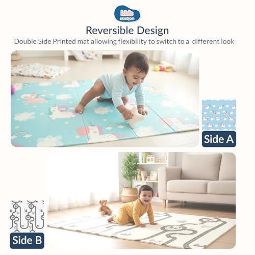 Image of Kids Station Double-Sided Waterproof Baby Playmat - Foldable, Portable & Reversible Foam Mat for Infants, Toddlers & Kids - Soft, Non-Slip, Easy-to-Clean Baby Crawling Mat for Indoor /Outdoor Use (200x150x0.8cm, Unicorn & Panda Print)