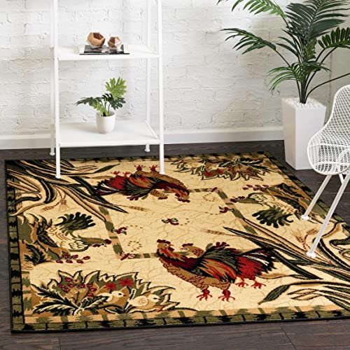Image of Unique Loom Barnyard Collection Area Rug - Farm (6' 1 inch Square, Cream / Black)