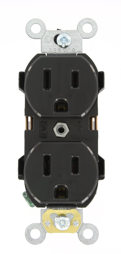 Leviton 5252-E 15 Amp, 125 Volt, Industrial Series Heavy Duty Specification Grade, Duplex Receptacle, Straight Blade, Self Grounding, Black