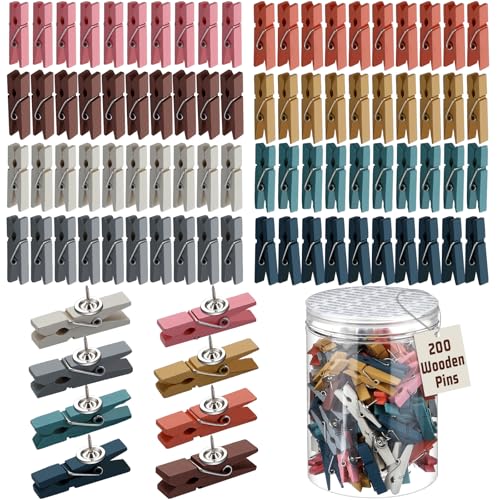 Affrolling 200 Pcs Push Pin with Wooden Clips Tacks Boho Classroom Decor for Cork Board Bulletin Board Colorful Thumb Tacks Wooden Clips for Teachers School Office Home Supplies Accessories