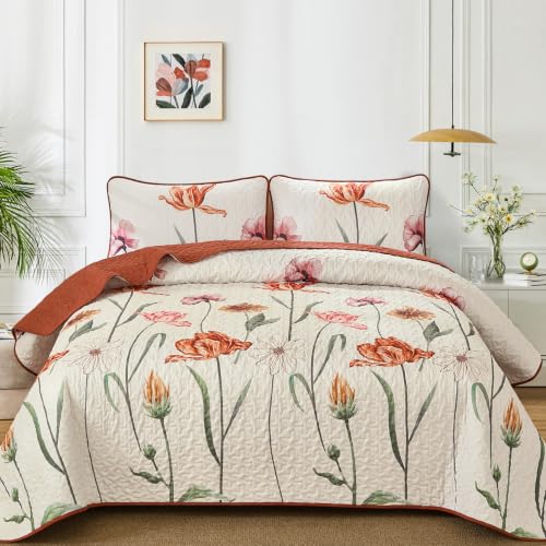 WONGS BEDDING Fall Quilt Set Queen Size, Orange Bedding Set, 3 Pieces