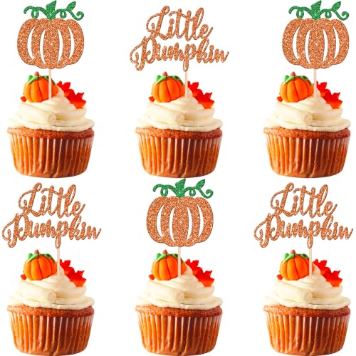 24 PCS Little Pumpkin Cupcake Toppers Glitter Baby Shower Fall