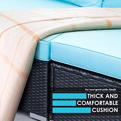Viewee 5-Piece Patio Furniture Set PE Black Rattan All-Weather Wicker Sectional Outdoor Sofa Washable Blue 4-Cushions & 6-Pillows (Extra Gift: Ratchet/Hex/Allen Wrench)