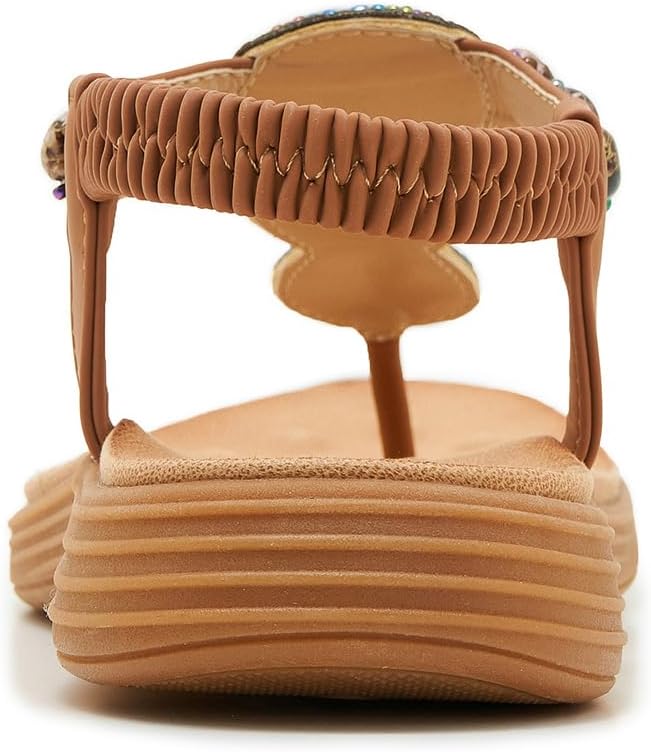 Women's Beaded T-Strap Sandals, Summer Bohemian Elastic Slingback Comfort Wedge Sole Beach Outdoor Sports Non-slip Shoes