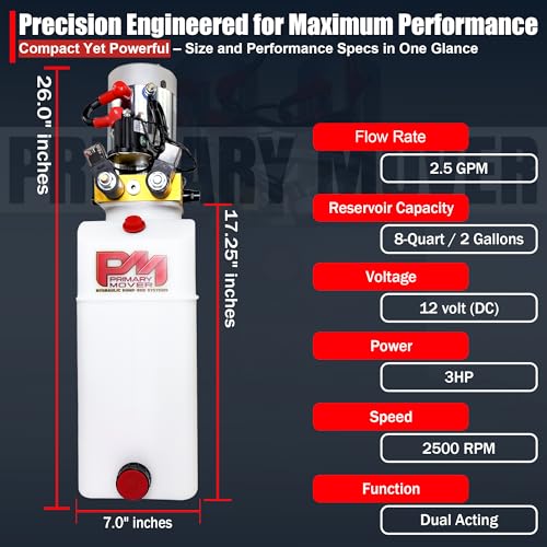 Primary Mover Hydraulic Pump for Dump Trailer - 12Vdc Double Acting Hydraulic Power Unit - Dump Trailer Pump 8 Quart Poly Reservoir with Remote Controller (PFP-DA08P) - Thumbnail 3