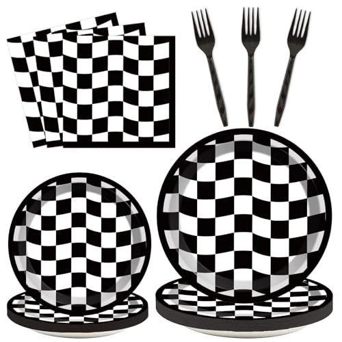 Image of 96PCS Race Car Birthday Party Decorations Black and White Checkered Plates Sports Themed Table Supplies Decorations Racing Dessert Plates Napkins Forks for 24 Guests Racing Car Birthday Party Favors