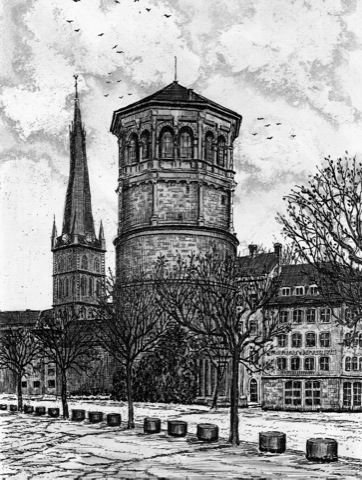 Akwaforta ręcznie drukowana monochromia Düsseldorf, Schloßturm z Behrens, odbitka na papierze, nie oprawiona, grafika artystyczna, sztuki projektowania, druk artystyczny
