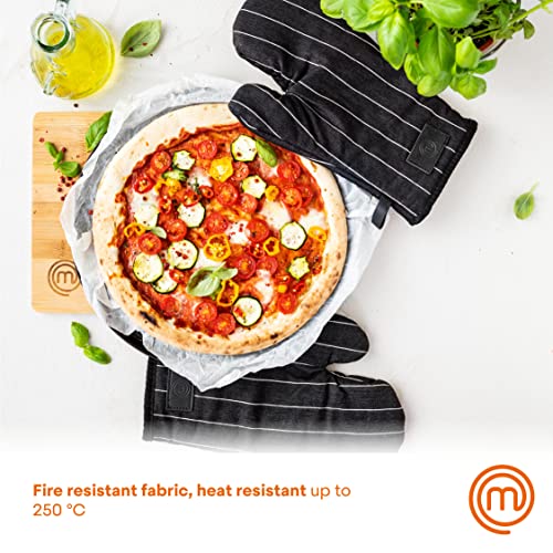 MasterChef Oven Mitts Heat Resistant, Pair of 2 Cooking Gloves, Cotton Oven Mittens, Kitchen Gloves With Vegan PU Leather Logo & Hanging Loop, Machine Washable, Black, One Size Fits All - Image 3