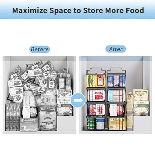 4 Pack Freezer Organizer Bins(14.6¡®¡¯L X 7.1¡®¡¯W X 5.2¡®¡¯H) for 7 Cu.FT Deep Ches Freezer Sort Frozen Meats | Stackablet Deep Freezer Organizer Bins Get Food Easily w/Handle(Black), Gifts Ideas for Mom