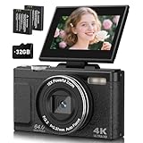 EJXHKNF 4K 64MP Digital Camera with Flip Screen, Retro Vlogging Cameras for YouTube, Compact Photography Camera Gift for Beginners & Teens, Travel Video Camera with 32G Card, 2 Batteries(Black)