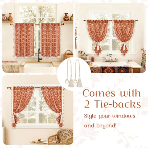 Image of Yinhua Boho Kitchen Curtains 36 Inch Length Vintage Linen Cafe Curtains Light Filtering Bohemian Floral Tier Rod Pocket Farmhouse Rustic Tassel Small Drapes with Tiebacks, 2 Panels, Orange