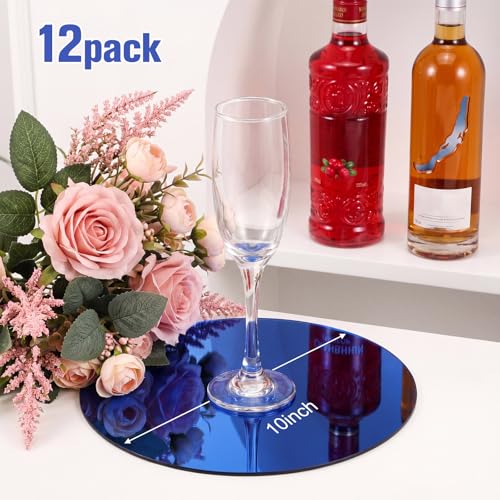 Image of Thyle 12 Pcs 10 Inch Acrylic Round Mirrors for Tables Centerpieces Circle Mirrors Candle Plates for Wall Wedding Table Centerpieces for Baby Shower Party, Thickness 1 mm (Blue)