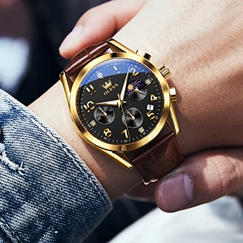 Image of OLEVS Men's Watches Brown Leather with Date,Casual Watches for Men,Large Face Watches Men,Chronograph Mens Watch,Sport Waterproof Business Dress Analog Quartz Men's Wrist Watches Reloj De Hombre