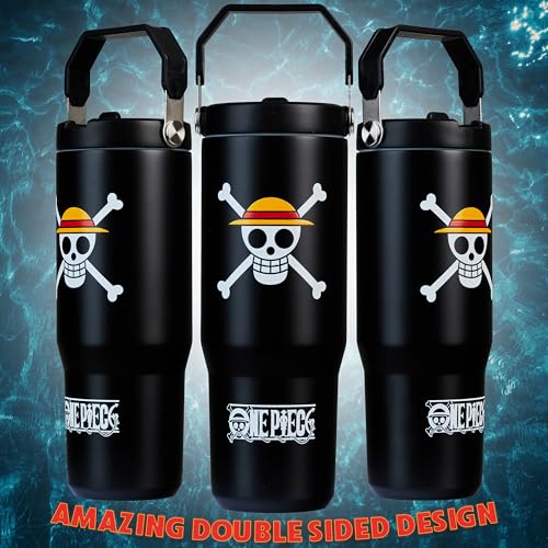 Image of Get Trend One Piece Tumbler with Straw 30oz Kids Teens Insulated Cup with Lid Handle Travel Mug Cups with Lids for School Sports Anime Gifts for Kids (Black One Piece)