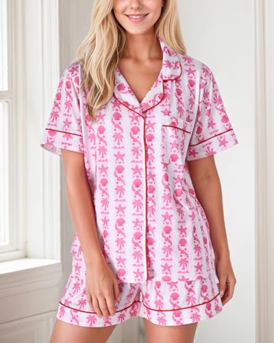 Women's 2-Piece Pajama Set Palm and starfish Print Sleepwear Breathable Cotton Short Sleeve for Birthday Gift3