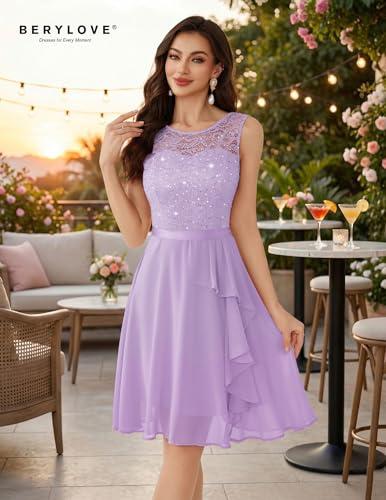 Image of BeryLove Womens Boat Neck A Line Sleeveless Lace Formal Homecoming Dress | Short Dress With Ruffle Hem, Sparkly Design Ideal For Wedding Guest,Bridesmaid Cocktail Prom & Evening Party Events