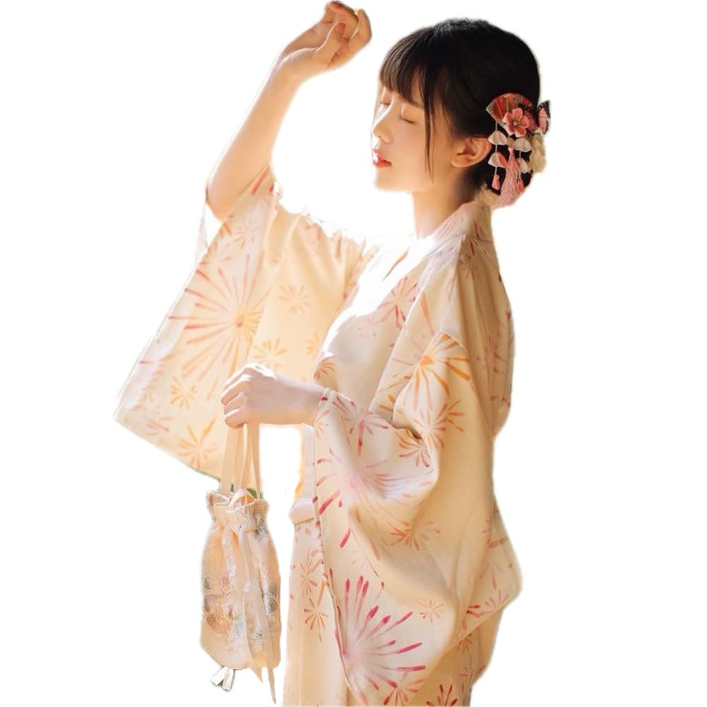 REENEW Kimono Yukata Set, 4 Set, Beginner, Full Set, Washable, Kimono Set, Retro, Training, Beginners, Beginners, Dressing Classroom, Kimono Debut, Beginner, Together, Going Out, Cute, Beautiful : Clo