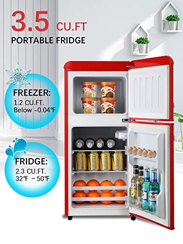 Krib Bling 3.5Cu.ft Compact Refrigerator With 7 Level Thermostat, Mini Fridge With Freezer, 2 Door Portable Fridge With Removable Glass Shelves, Suitable For Kitchen, Apartment, Dorm, Bar Red #TOP1