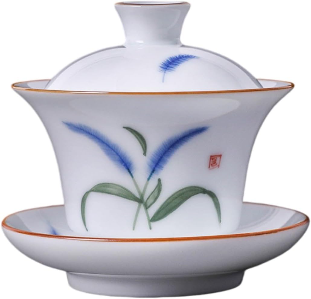 手绘德化白瓷三才盖碗陶瓷功夫茶具配件 Ceramic Kung Fu Tea Set,teapot,Teacups,warming Wedding Birthday Gift,Tea Tray Chinese,Dishwasher Safe 迎风兰草-见详图