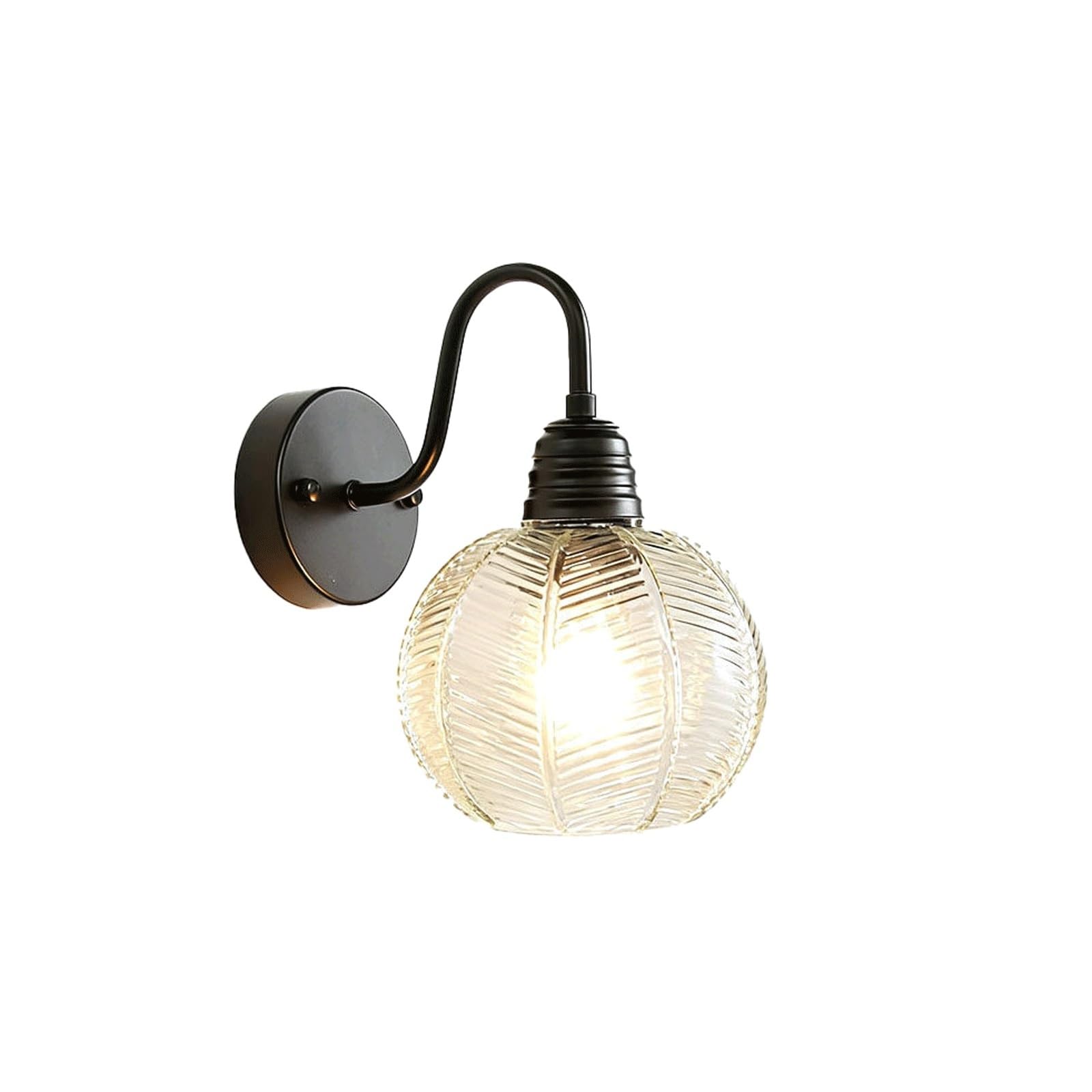 OZBMA Gooseneck Outdoor Wall Lamp 8.7", Vintage E27 Exterior Sconce, Ribbed Amber Globe Glass Iron Aluminum Lantern for Garden Gate Balcony Porch Patio Villa Entryway Yard Cottage