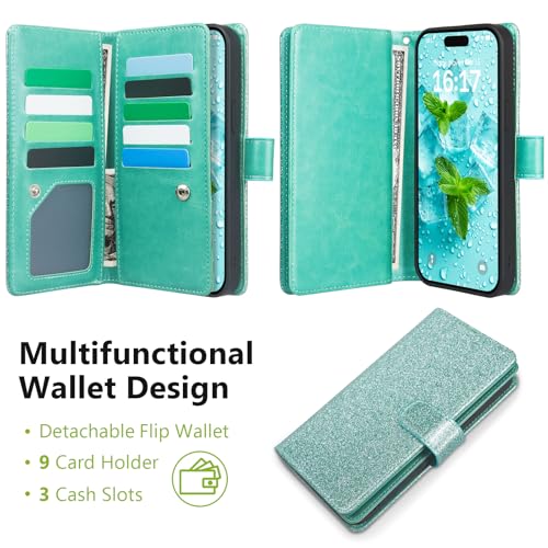 Varikke for iPhone 13 Wallet Case Detachable with 9-Card Holder for Women, Fashion Glitter PU Leather Wrist Strap Strong Magnetic Flip Wallet Removable Phone Case Cover for iPhone 13 6.1", Mint Green by Varikke - Image 3