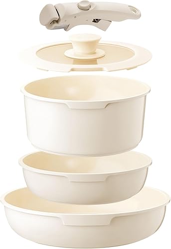 Juego de utensilios de cocina de cerámica antiadherente blanca, juego de 5 piezas con asas desmontables, perfecto para cocinar todos los días,