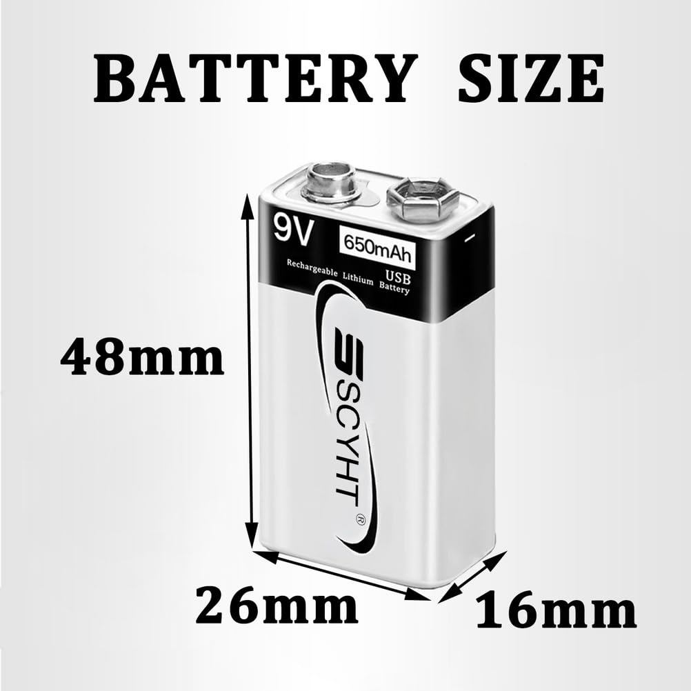 Akumulator litowo-jonowy 9 V akumulator USB, 650 mAh baterie litowe do czujnika dymu 9 V kwadratowe baterie z kablem typu C, szybkie ładowanie 1 godz.,9v650mah 8pack