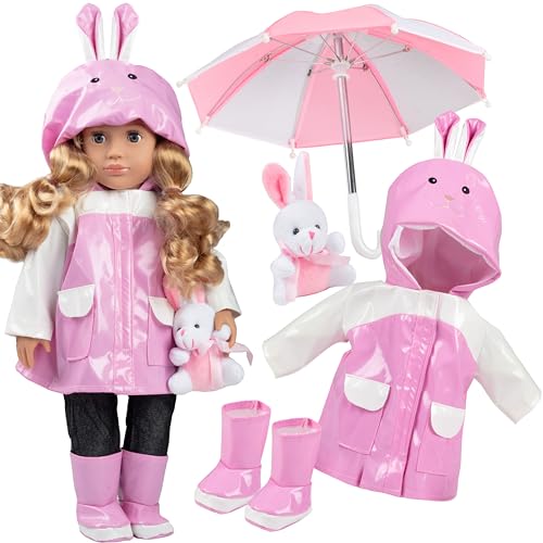 4pc Pink Bunny Raincoat Doll Outfit w Rabbit Plush- 18
