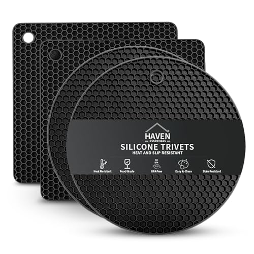 Haven Essentials Silicone Trivets Pack of 4 Honeycomb Heat Resistant Hot Pads BPA-Free Non-Slip Silicone Mats 18cm Thick Dish Pot & Pan Protectors for Kitchen Countertops & Dining Table