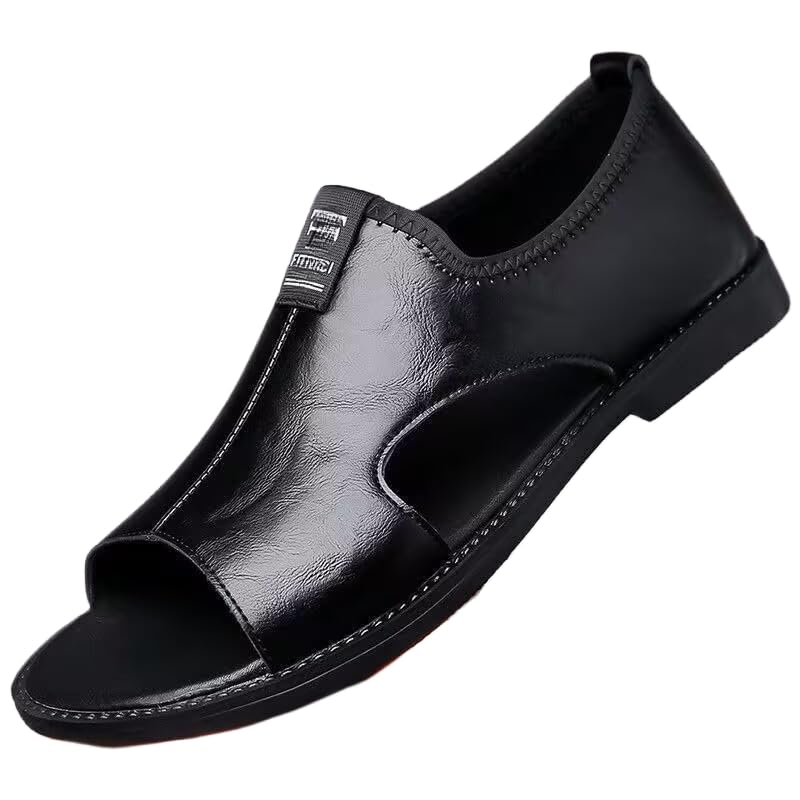 Men's Casual Slip-On Sandals - Black Open Toe Shoes with Rubber Sole, Comfortable for Strappy Sandals Great for Driving and Walking