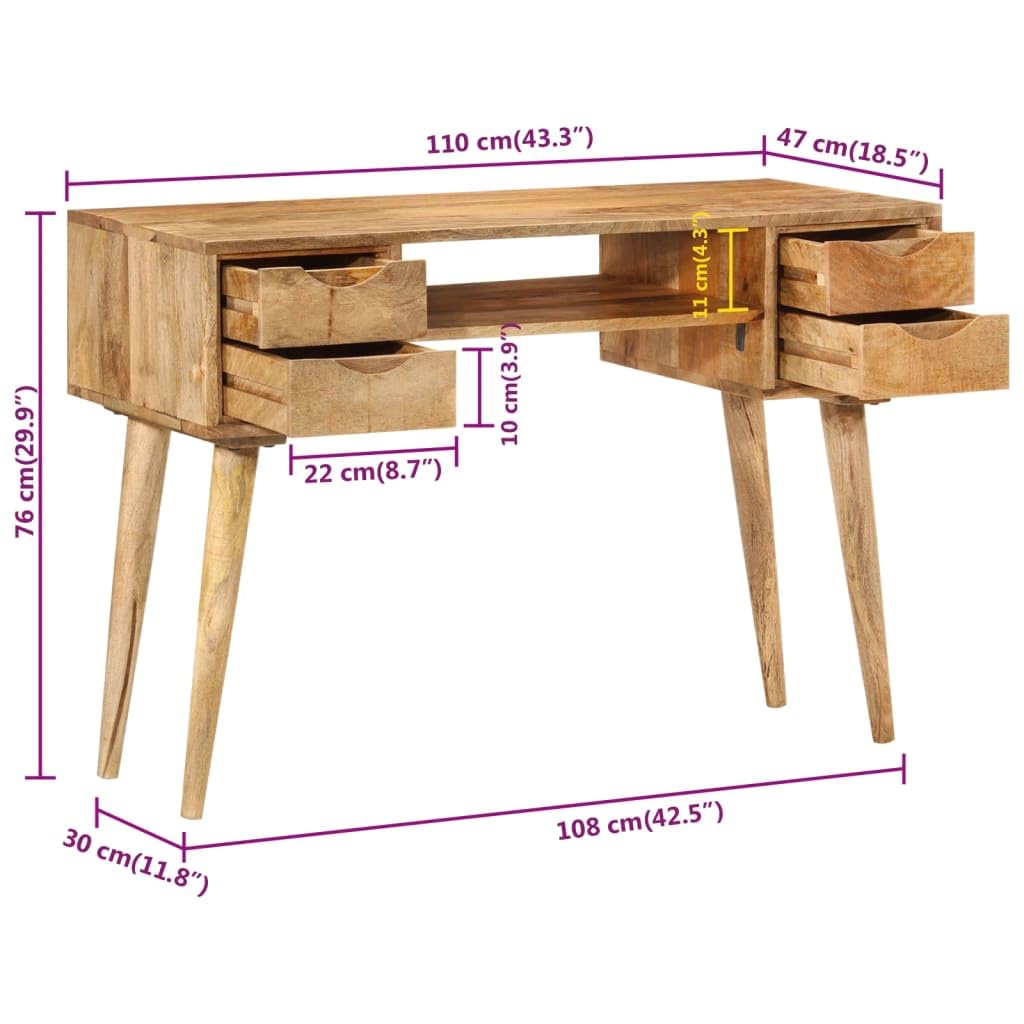 Bureau en bois massif de mangue, 110 x 47 x 76 cm, avec tiroirs et espace de rangement pour bureau, bureau, maison, chambre d'adolescent, design robuste, support mural inclus, idéal pour