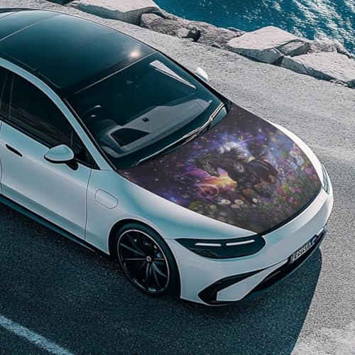 Image of Car Hood Cover Protector 59x39 Inch Waterproof Sun-Proof Auto Hood Flag Horse and Flower Universal Automotive Exterior Accessories for Most SUV Sedans Trucks