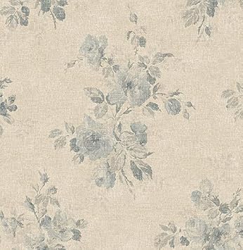 Wallquest Wallpaper Designer Faded Blue Gray Floral Taupe Faux Linen