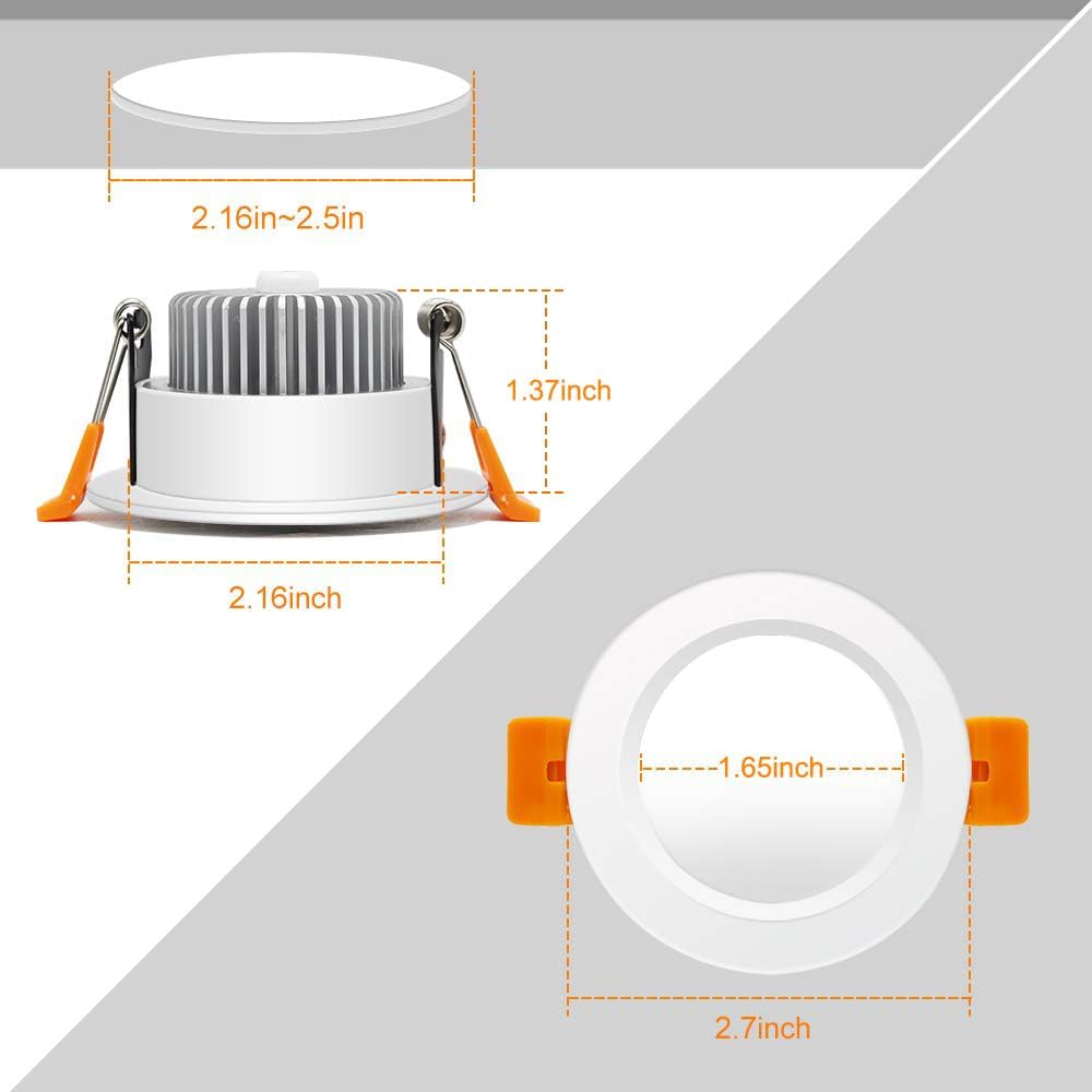 2 Inch LED Recessed Lighting, 5000K Daylight White, 3W(35W Halogen Equivalent) Dimmable LED Downlight, CRI80, Ceiling Lights with LEDs Driver (6 Pack)