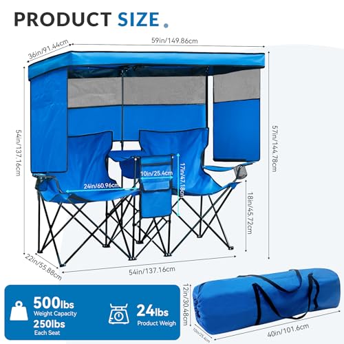 Silla Doble de Playa con Sombrilla, Sillones Oversize de Camping con Bolsa Térmica y Porta Vasos Plegable para Campamento, Pesca y Playa miniatura 2