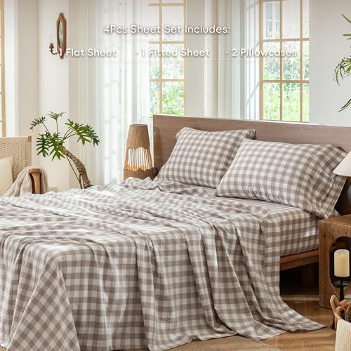 Image of MooMee Gingham Sheet Set 100% Washed Cotton Linen Like Textured Breathable Soft w /Fully Elasticized 16-19 inch Deep Pocket (Buffalo Plaid Tannish Linen Grey, Queen)