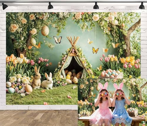 Spring Easter Tent Photo Backdrop, Rabbit Bunny Eggs Green Grass Flowers Floral Photography Background, Spring Garden Easter Kids Family Party Decorations Banner 7X5FT